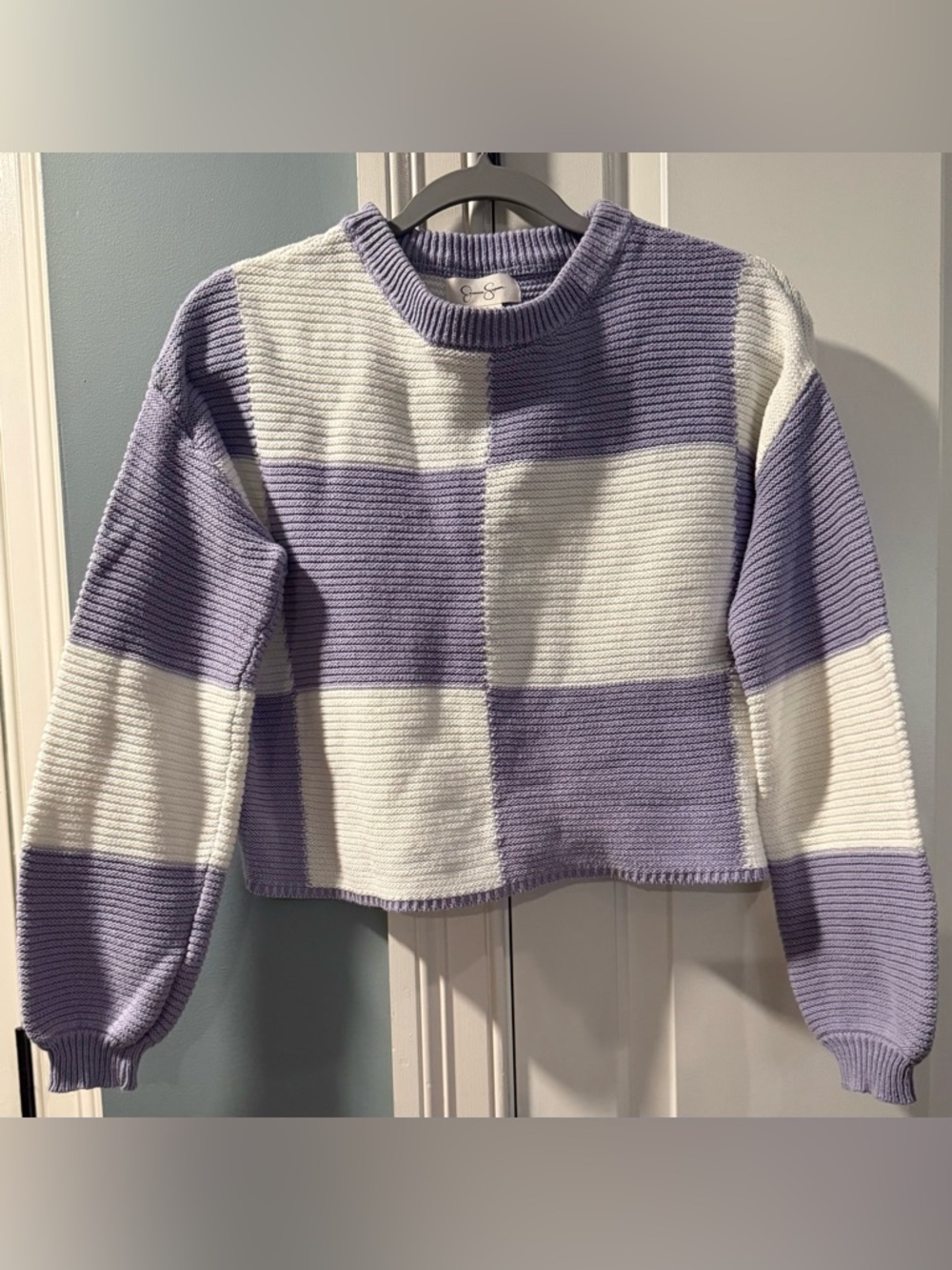 Jessica Simpson Lavender & White Checkered Cropped Sweater women sz small